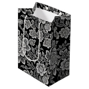 White Lace Florals on Black Medium Gift Bag