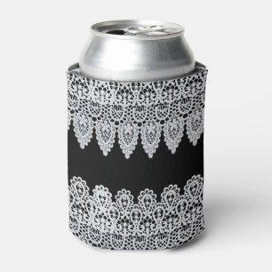 White lace forms a delicate border against black can cooler