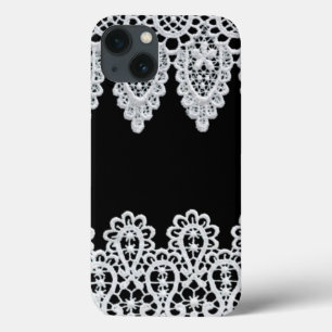 White lace forms a delicate border against black iPhone 13 case