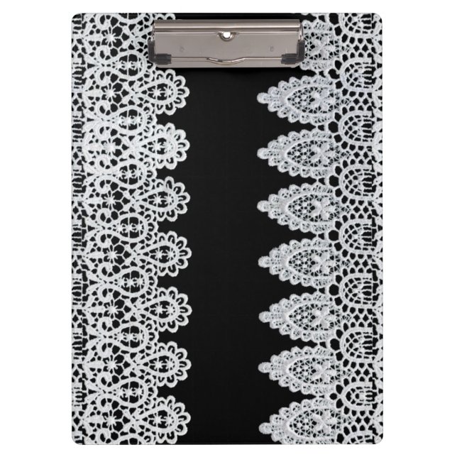 White lace forms a delicate border against black clipboard (Front)