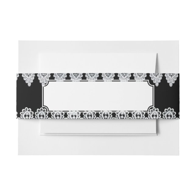 White lace forms a delicate border against black invitation belly band (Front Example)