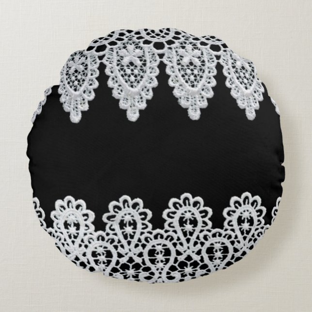 White lace forms a delicate border against black round cushion (Front)