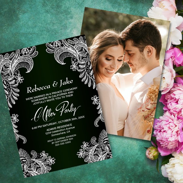 White Lace Green Custom Photo Wedding After Party Invitation (Creator Uploaded)