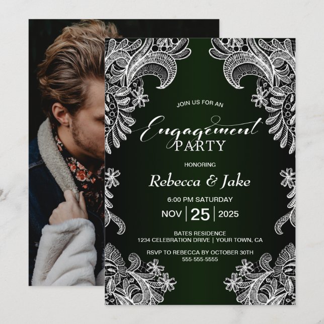 White Lace Green Engagement Party Invitation (Front/Back)