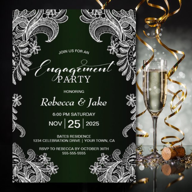 White Lace Green Engagement Party Invitation (Creator Uploaded)