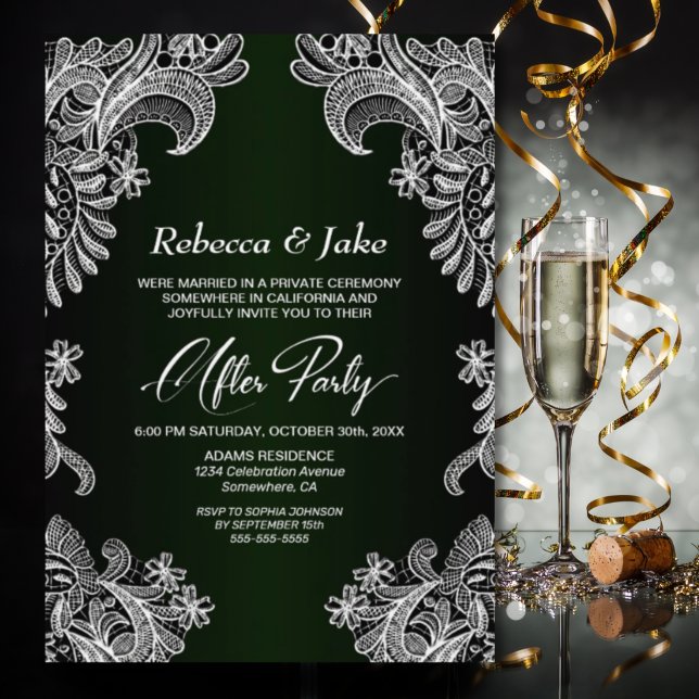 White Lace Green Wedding After Party Invitation (Creator Uploaded)