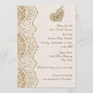 White lace & heart on burlap wedding bridal shower invitation
