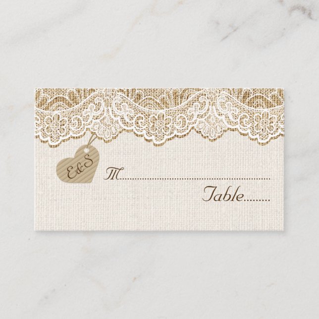 White lace & heart on burlap wedding place card (Front)