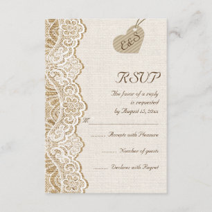 White lace & heart on burlap wedding RSVP Card