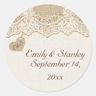 White lace & heart on burlap wedding Save the Date Classic Round Sticker