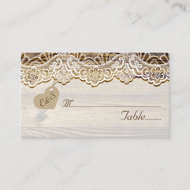 White lace & heart on wood wedding place card (Front)