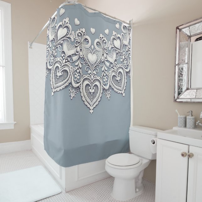 White Lace Hearts Romantic Charm Elegant Blue Shower Curtain (In Situ)