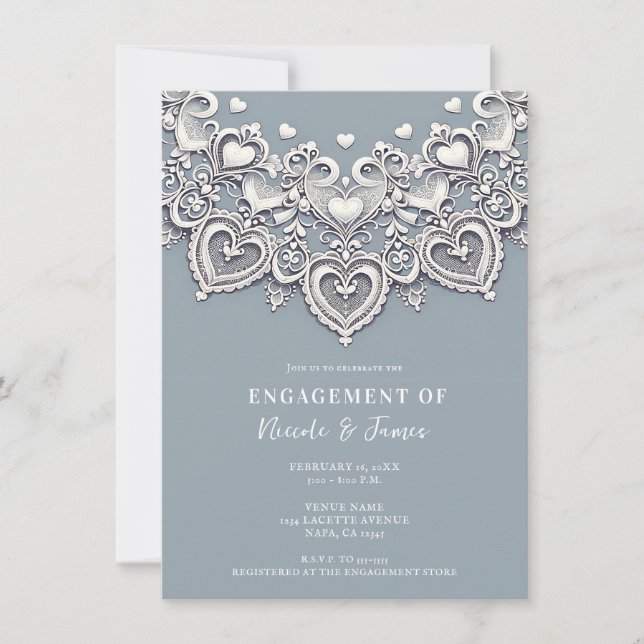 White Lace Hearts Romantic Charm Engagement Party Invitation (Front)