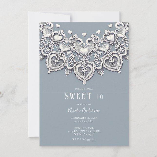 White Lace Hearts Romantic Charm Sweet 16 Invitation (Front)