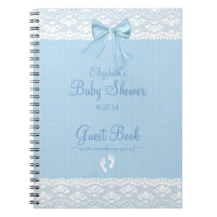 White Lace Image Blue Bow Baby Shower Guest Book- Spiral Notebook