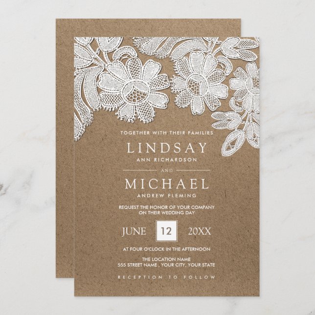White Lace | Kraft Paper Wedding Invitations (Front/Back)