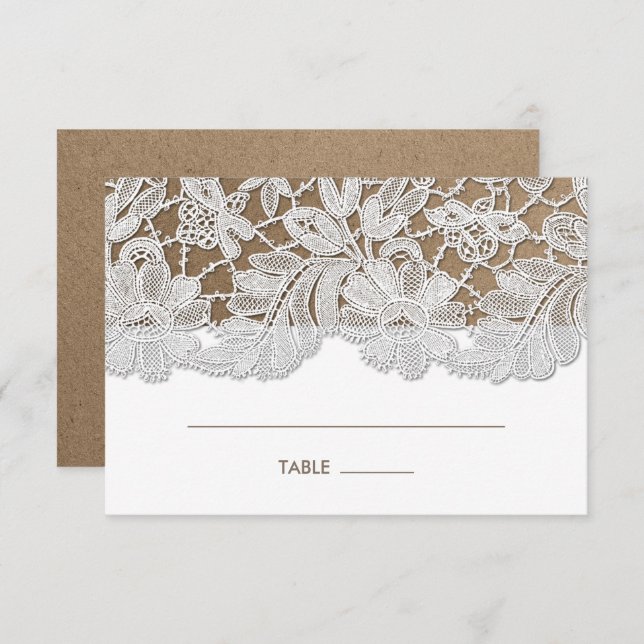 White Lace | Kraft Paper Wedding Table Place Cards (Front/Back)