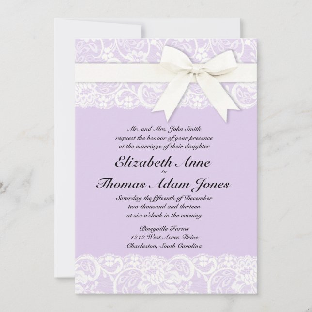 White Lace Lilac Purple Wedding Invitation (Front)