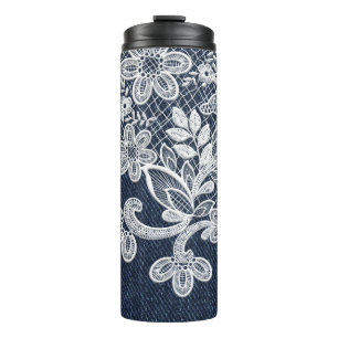 WHITE LACE LOOK ON BLUE DENIM LOOK TEXTURES THERMAL TUMBLER
