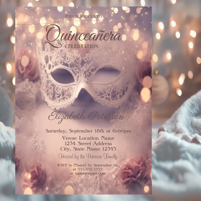 White Lace Masque Roses Quinceañera Invitation (Creator Uploaded)