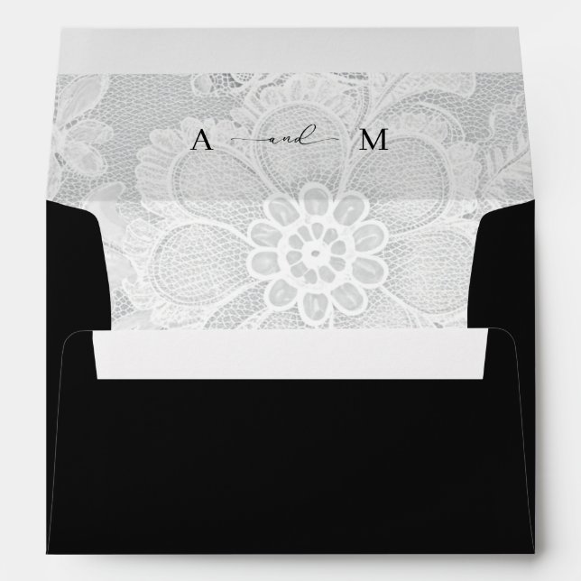 White Lace Monogram Elegant Black Wedding Envelope (Back (Bottom))