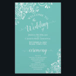 White Lace on Aqua Teal Budget Wedding Program<br><div class="desc">These wedding programs are elegant and tasteful, while still being budget friendly. The design features an ornate white floral lace pattern on an aqua or light teal coloured background. The typography features lacy script calligraphy, and there is room for details on the ceremony, the bridal party, and a short thank...</div>