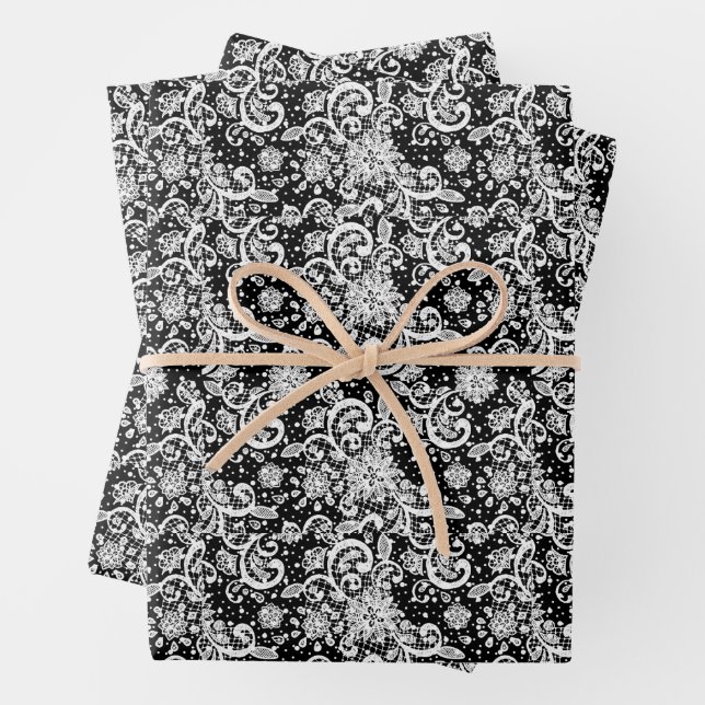 White Lace on Black Background Pattern Wrapping Paper Sheet (In situ)
