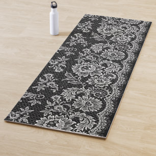White Lace On Black Yoga Mat