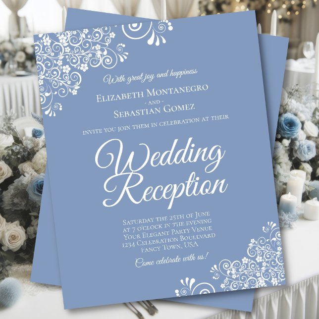 White Lace on Blue BUDGET Wedding Reception Invite (Front/Back)