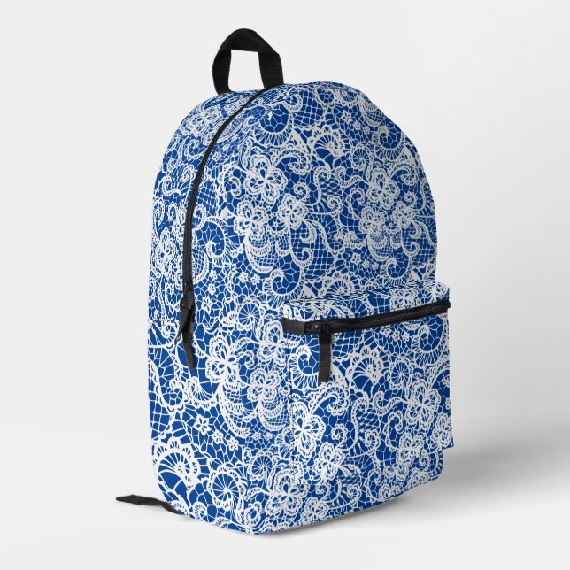 White Lace On Blue Printed Backpack (Back Corner Left)