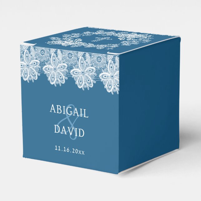 White Lace on Blue Religious Wedding Cube Favour Box (Front Side)