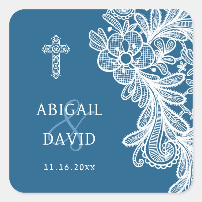 White Lace on Blue Religious Wedding Square Sticker (Front)
