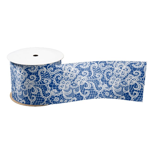 White Lace on Blue Satin Ribbon (Spool)