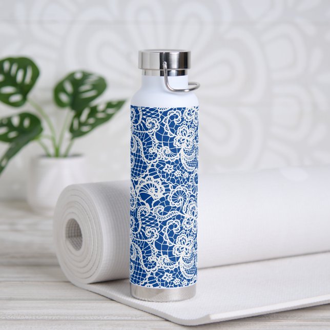White Lace On Blue Water Bottle (Yoga)