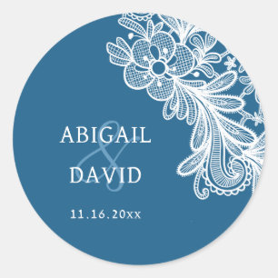 White Lace on Blue Wedding Classic Round Sticker