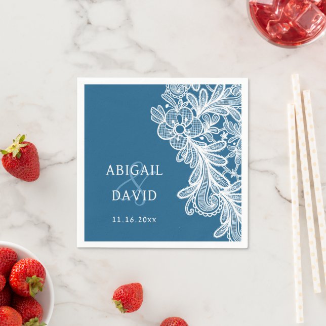 White Lace on Blue Wedding Napkin (Insitu)