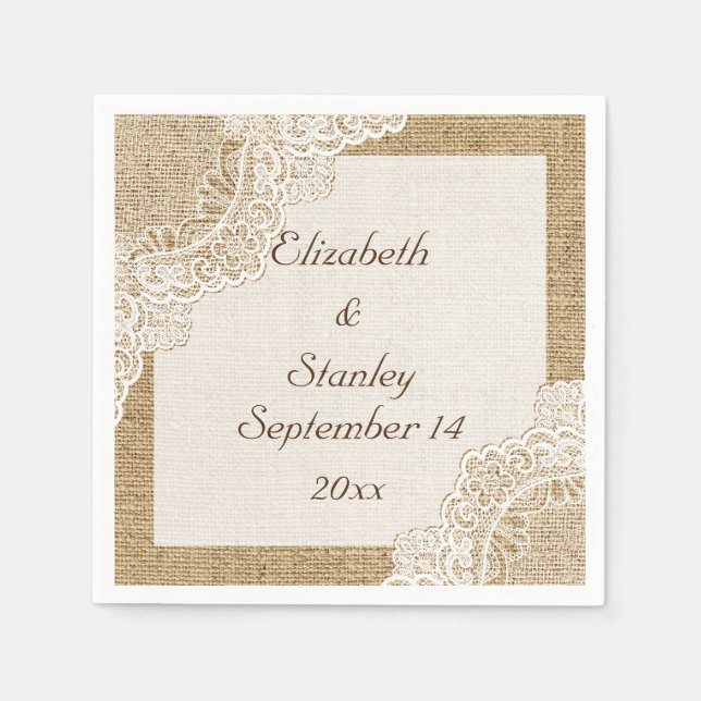 White lace on burlap rustic wedding napkin (Front)