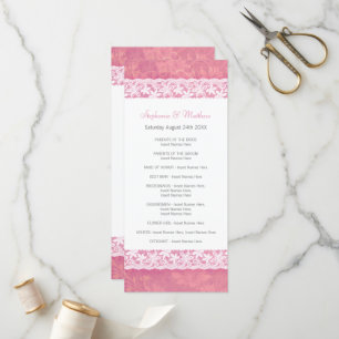 White lace on coral pink wedding program rack card