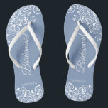 White Lace on Dusty Blue Bridesmaid Wedding Jandals<br><div class="desc">These beautiful wedding flip flops are a great way to thank and recognise your bridesmaids while saving their feet at the same time. Features a simple yet elegant design with white floral lace filigree on a dusty blue background. The elegant script lettering reads Bridesmaid with her name below. Great way...</div>