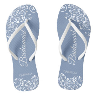 White Lace on Dusty Blue Bridesmaid Wedding Jandals