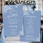 White Lace on Dusty Blue Budget Wedding Program<br><div class="desc">These wedding programs are elegant and tasteful, while still being budget friendly. The design features an ornate white floral lace pattern on a dusty blue or periwinkle coloured background. The typography features lacy script calligraphy, and there is room for details on the ceremony, the bridal party, and a short thank...</div>