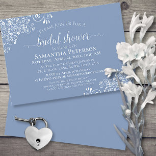 White Lace on Dusty Blue Elegant Bridal Shower Invitation