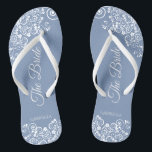 White Lace on Dusty Blue Elegant Bride's Wedding Jandals<br><div class="desc">Dance the night away with these beautiful wedding flip flops. Designed for the bride, they feature a simple yet elegant design with fancy script lettering on a dusty blue background and white lace curls and swirls. Beautiful way to stay fancy and appropriate while giving your feet a break after a...</div>
