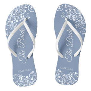 White Lace on Dusty Blue Elegant Bride's Wedding Jandals