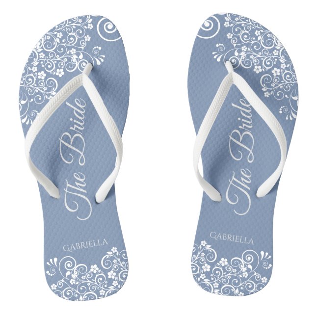 White Lace on Dusty Blue Elegant Bride's Wedding Jandals (Footbed)