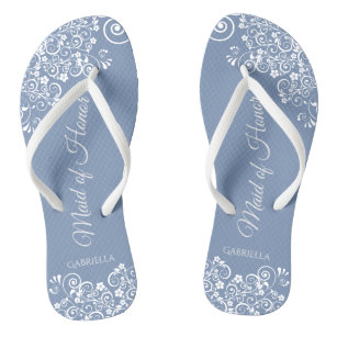 White Lace on Dusty Blue Maid of Honour Wedding Jandals