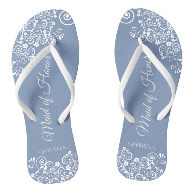 White Lace on Dusty Blue Maid of Honour Wedding Jandals (Footbed)