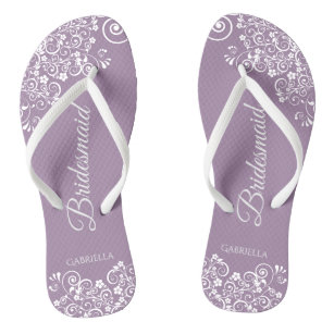 White Lace on Dusty Purple Bridesmaid Wedding Jandals
