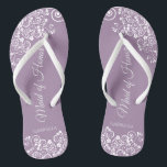 White Lace on Dusty Purple Maid of Honour Wedding Jandals<br><div class="desc">These beautiful wedding flip flops are a great way to thank and recognise your Maid of Honour while saving her feet at the same time. Features an elegant design with white floral lace filigree on a dusty purple, lilac, or lavender coloured background. The elegant script lettering reads Maid of Honour...</div>