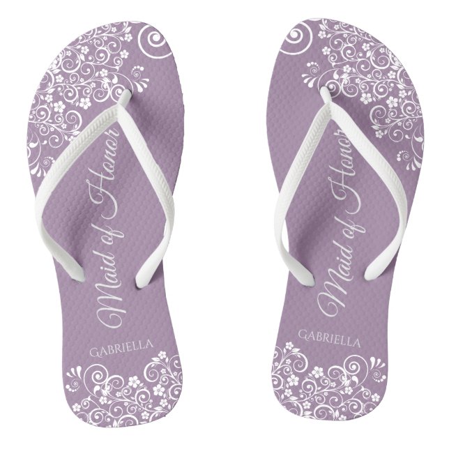 White Lace on Dusty Purple Maid of Honour Wedding Jandals (Footbed)